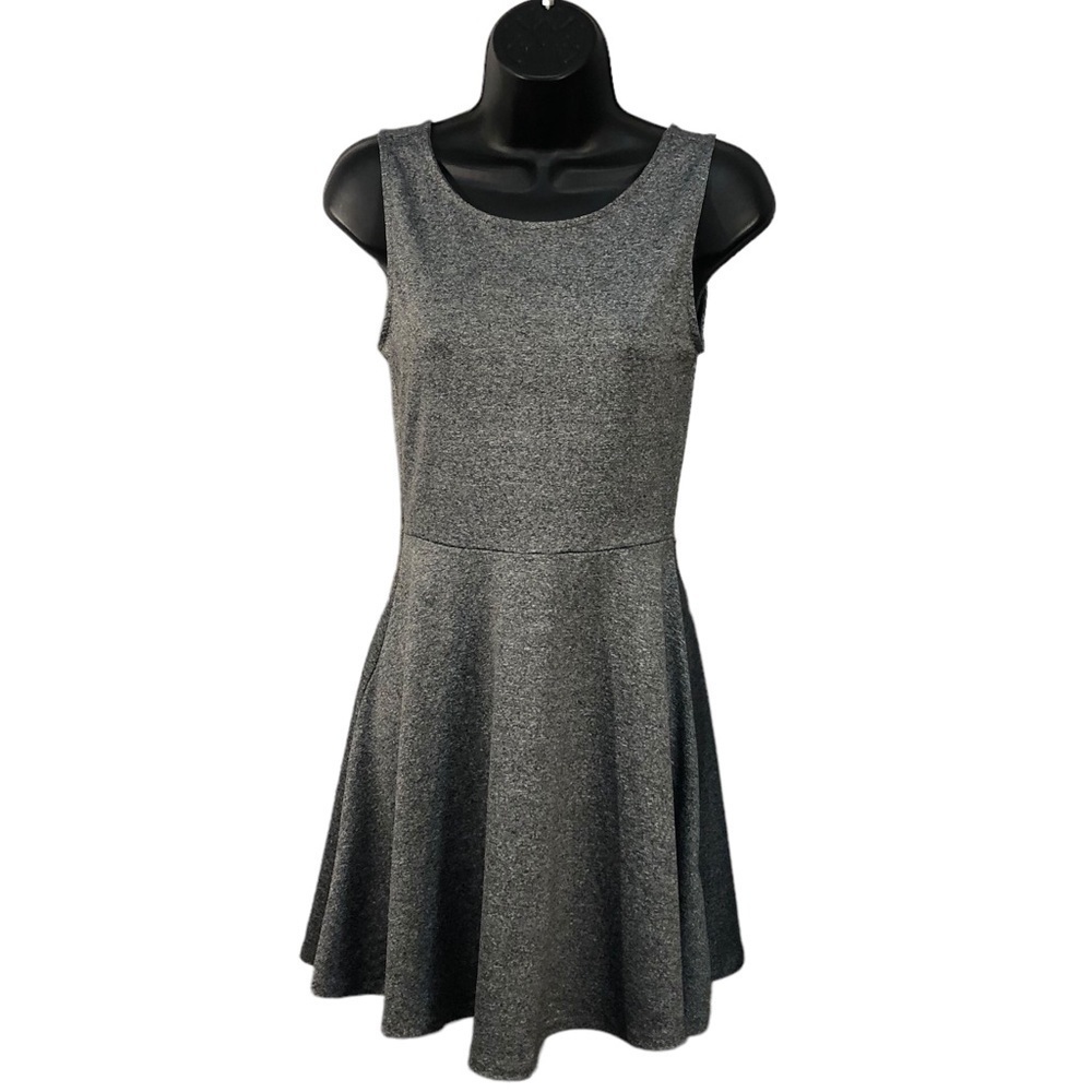 Heathered Grey V Neck V Back A Line Mini Dress Full Flounce Skirt Zipper…